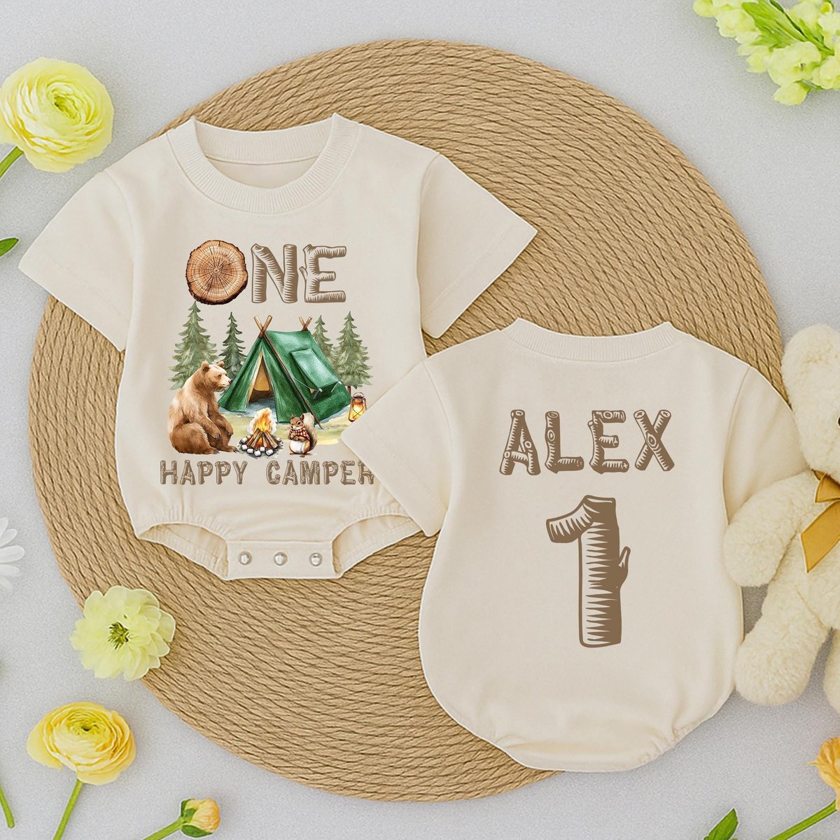 Personalized One Happy Camper Baby Romper Retro First Birthday Baby Bodysuit Camping Adventure Outfi 433
