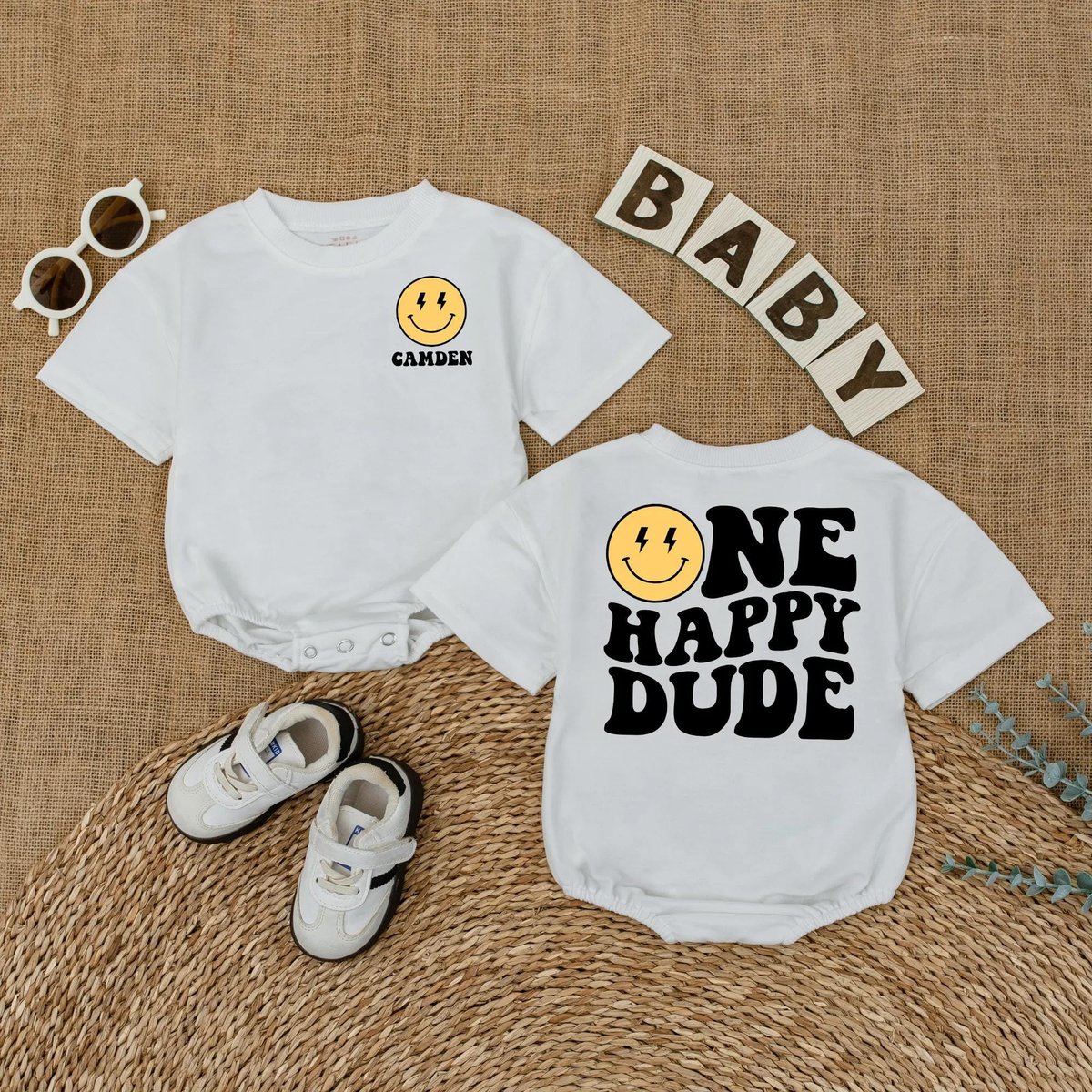 Personalized One Happy Dude Baby Romper Custom 1st Birthday Outfit for Boy Baby Bodysuit for Party S 434