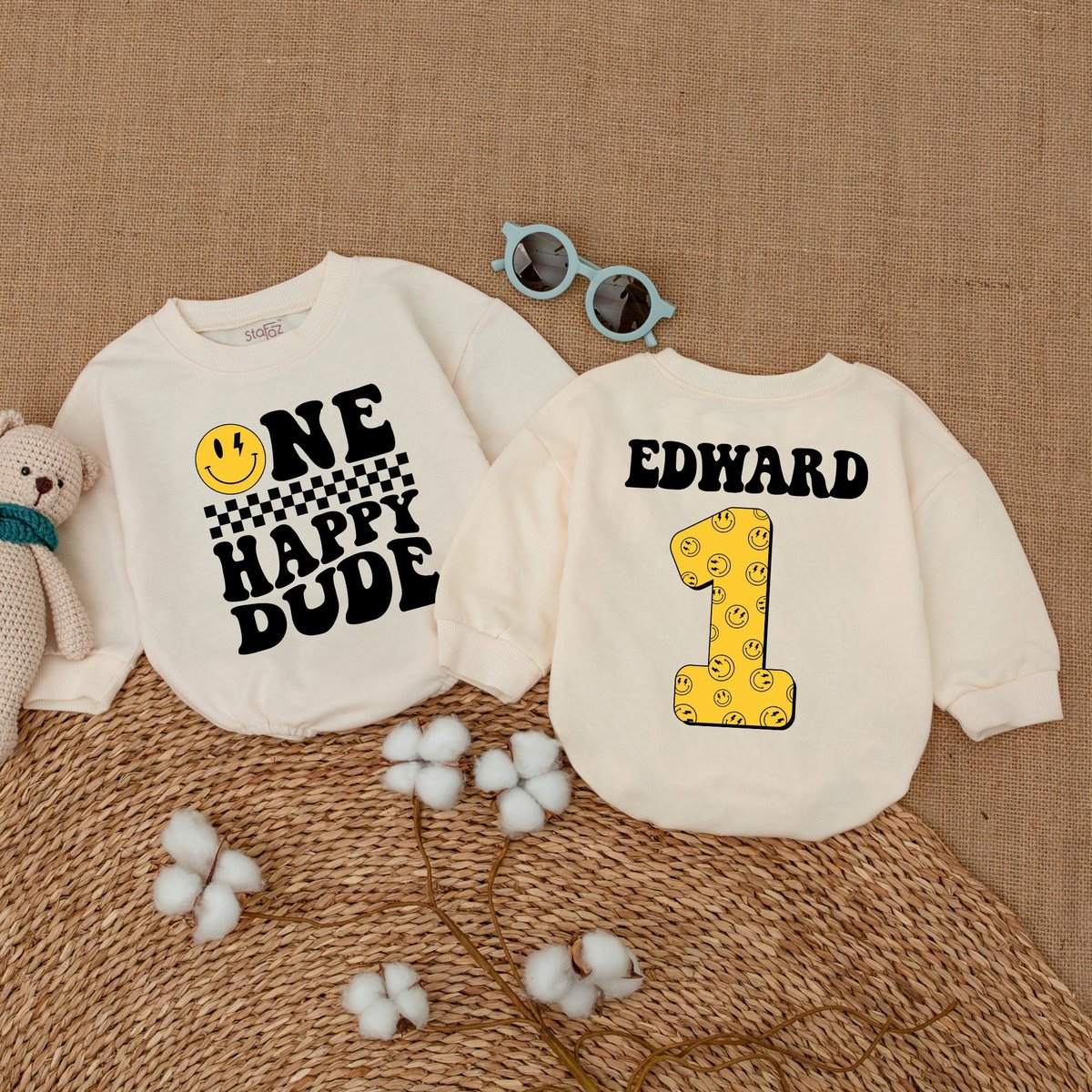 Personalized One Happy Dude Romper Matching Family Birthday Smiley Face Birthday Outfit Newborn Firs 170