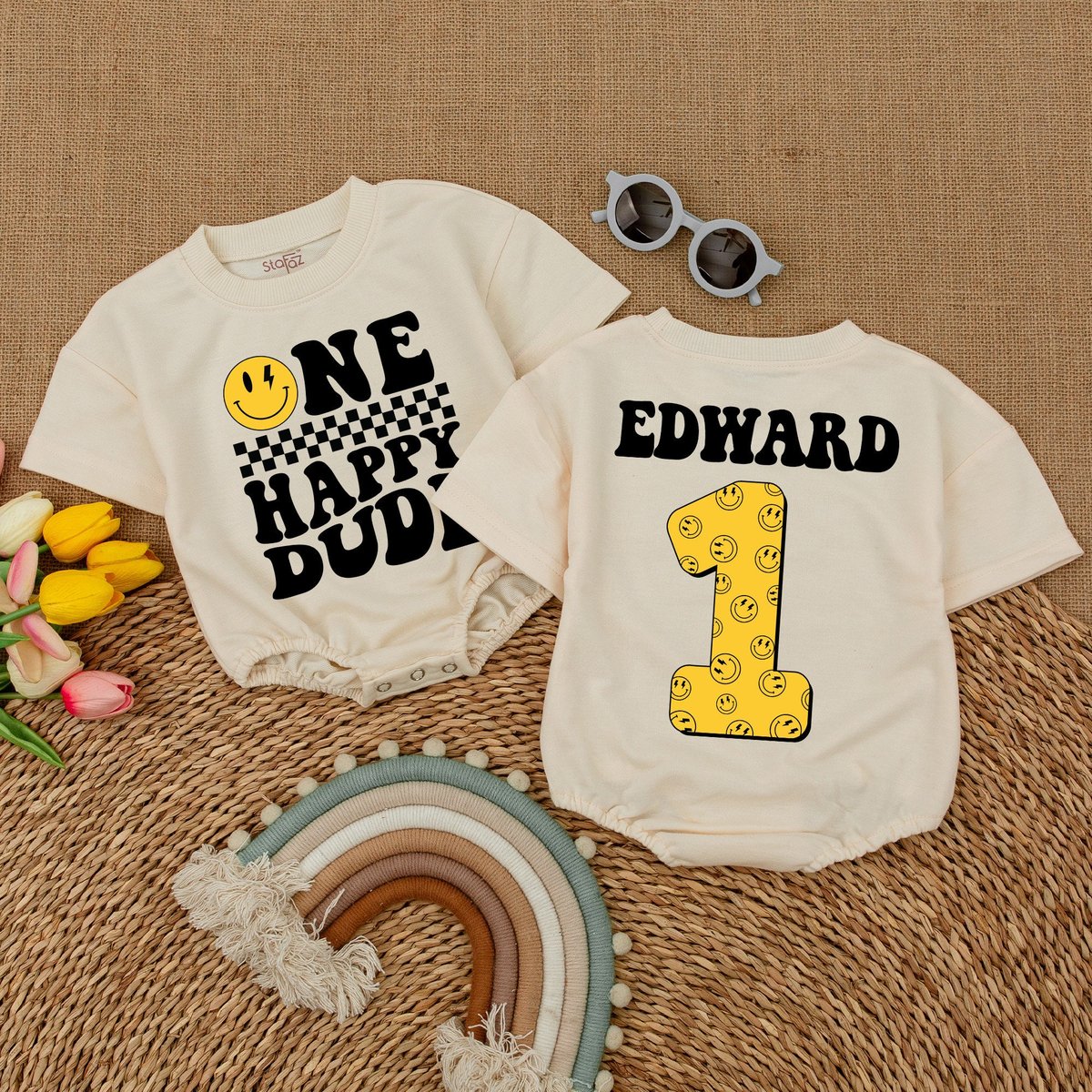 Personalized One Happy Dude Romper One Cool Dude Smiley Face Bodysuit Matching Family Birthday First 173