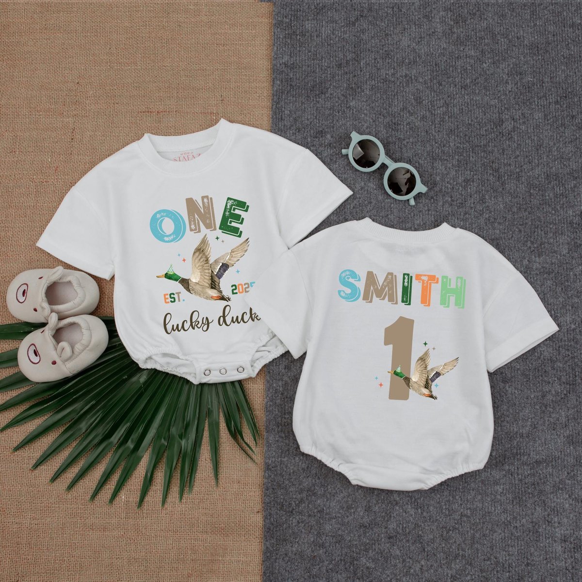Personalized One Lucky Duck Baby Romper Short Sleeves Duck Birthday Bodysuit 1St Birthday Romper Mal 187