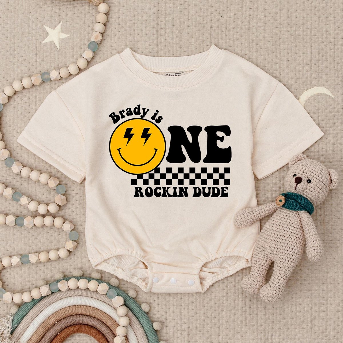 Personalized One Rockin Dude Birthday Baby Romper Smiley First Birthday Babysuit Custom Birthday Boy