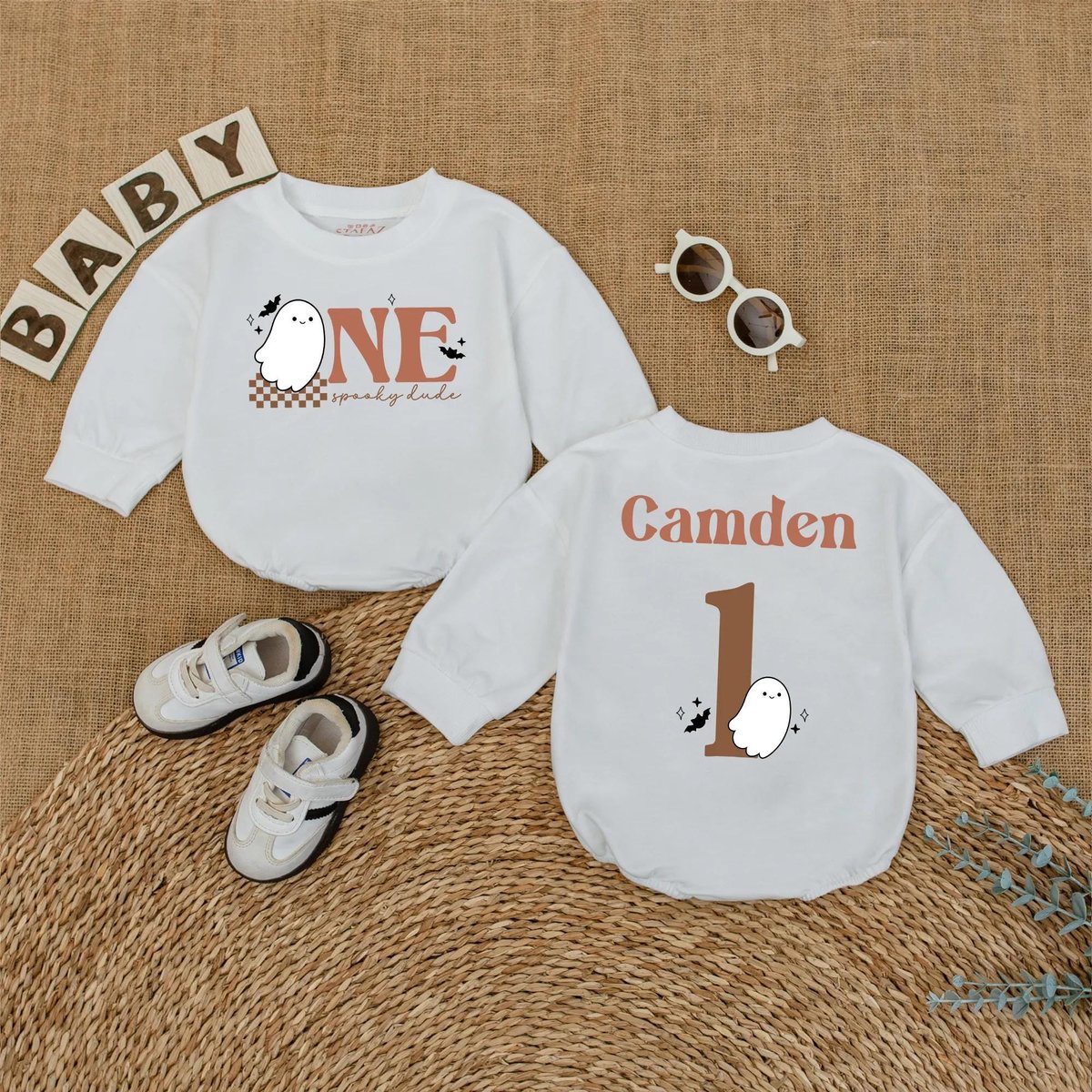 Personalized One Spooky Dude Baby Romper Custom Name First Halloween Bodysuit Halloween 1st Birthday 432