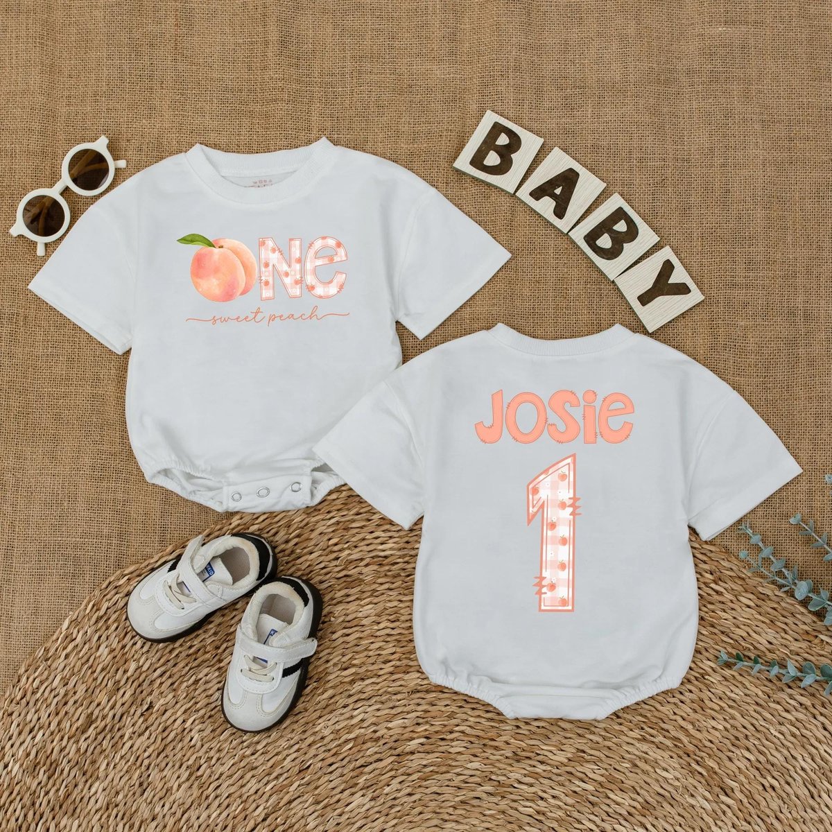Personalized One Sweet Peach Birthday Romper One Little Peach Bodysuit Peach Birthday Party Short Sl 430