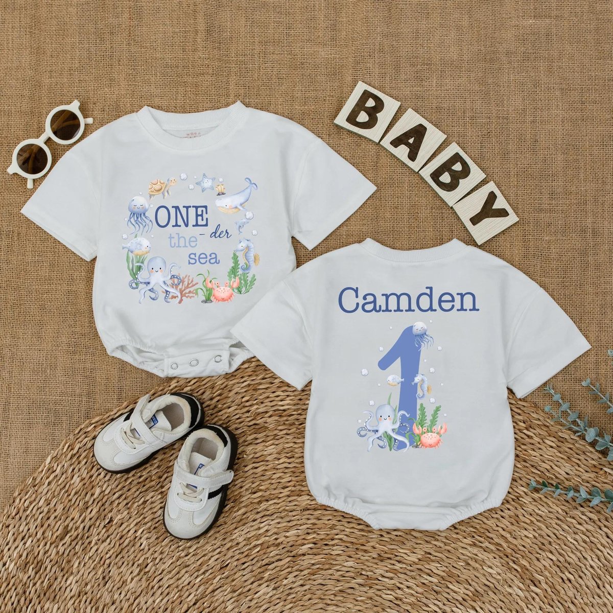 Personalized Oneder the Sea Birthday Romper Ocean Theme First Birthday Bubble Romper Boy Girl 1st Bi 434