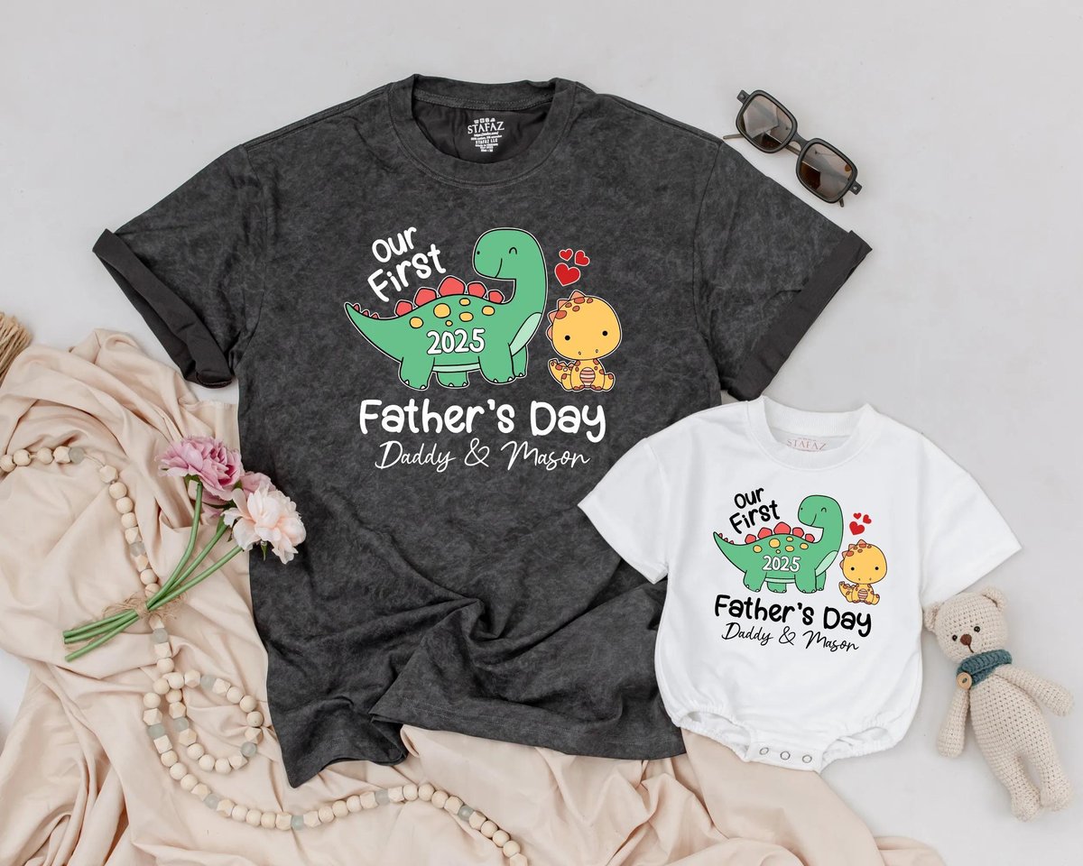 Personalized Our First Father's Day Matching Shirts Dinosaur Daddy and Baby Outfit T shirt Bubble 429