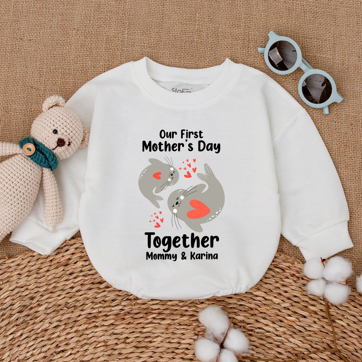 Personalized Our First Mother's Day Together Romper Cute Seal Baby Bodysuit Happy First Mother's D 170