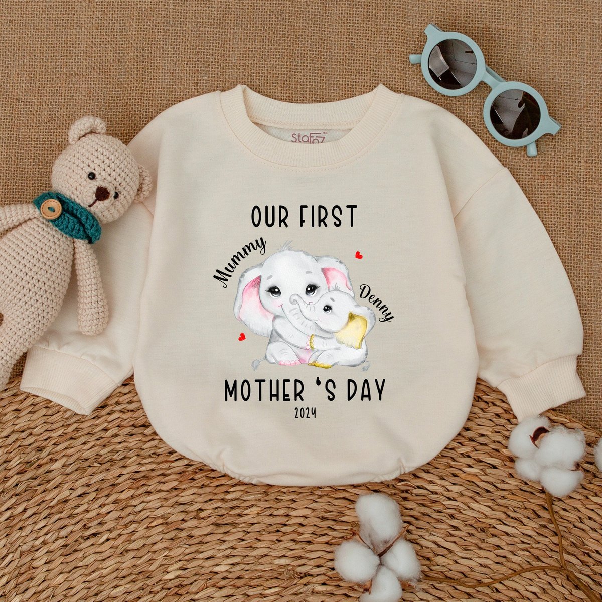 Personalized Our First Mother's Day Romper Cute Elephants Bodysuit Mother's Day Best Mom Ever Newb 171