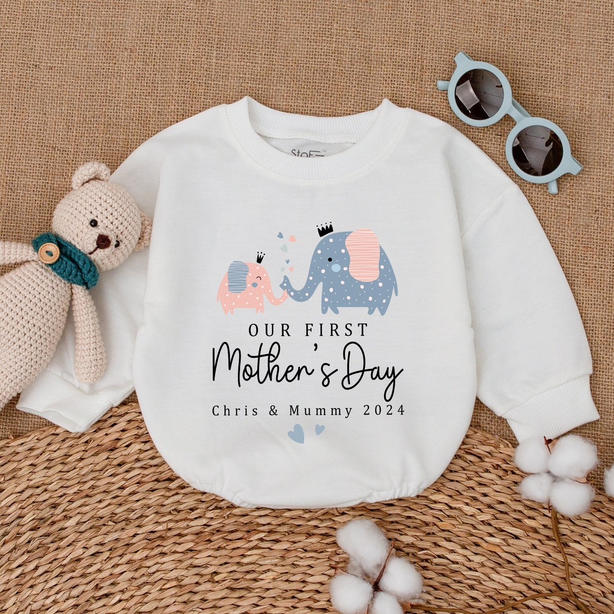Personalized Our First Mother's Day Romper Elephant Mom and Baby Bodysuit Happy First Mothers Day B 171