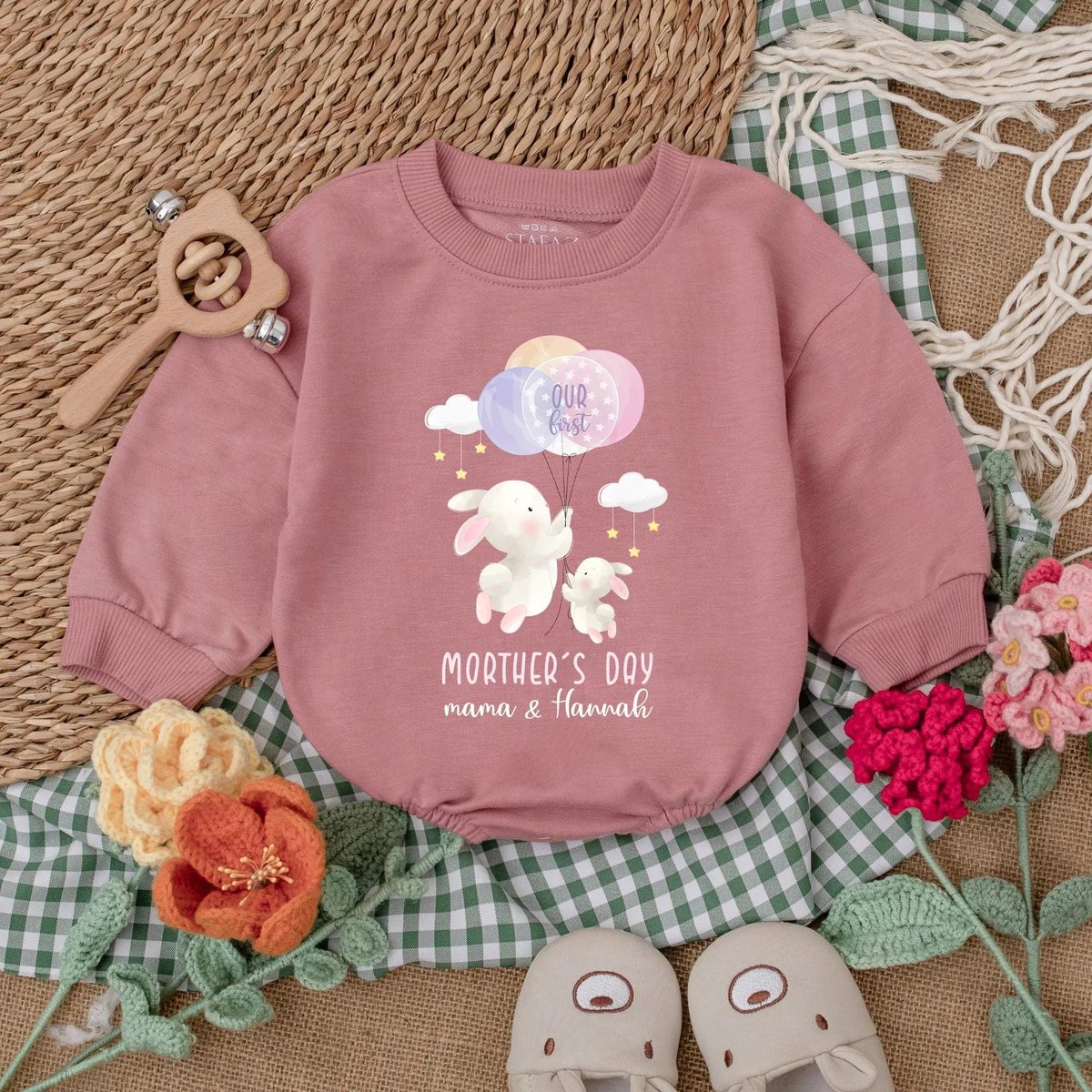 Personalized Our First Mother's Day Baby Romper Custom Baby Bodysuit for First Mother's Day Happy 189