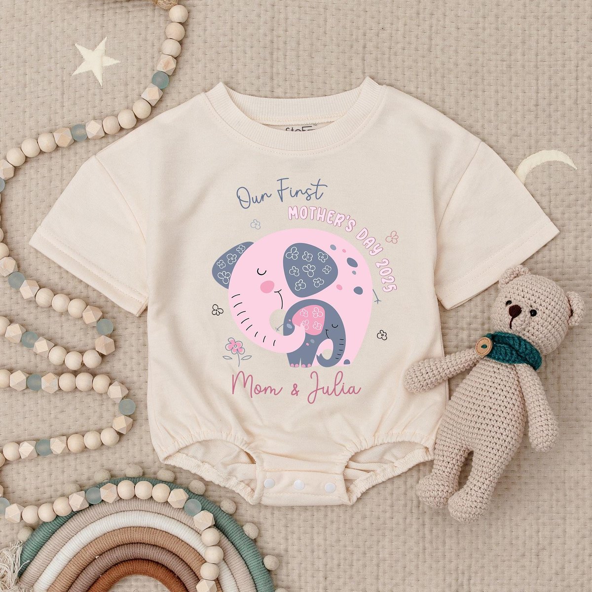 Personalized Our First Mother's Day 2025 Elephant Baby Romper Mommy And Me Babysuit Boys Girls Moth