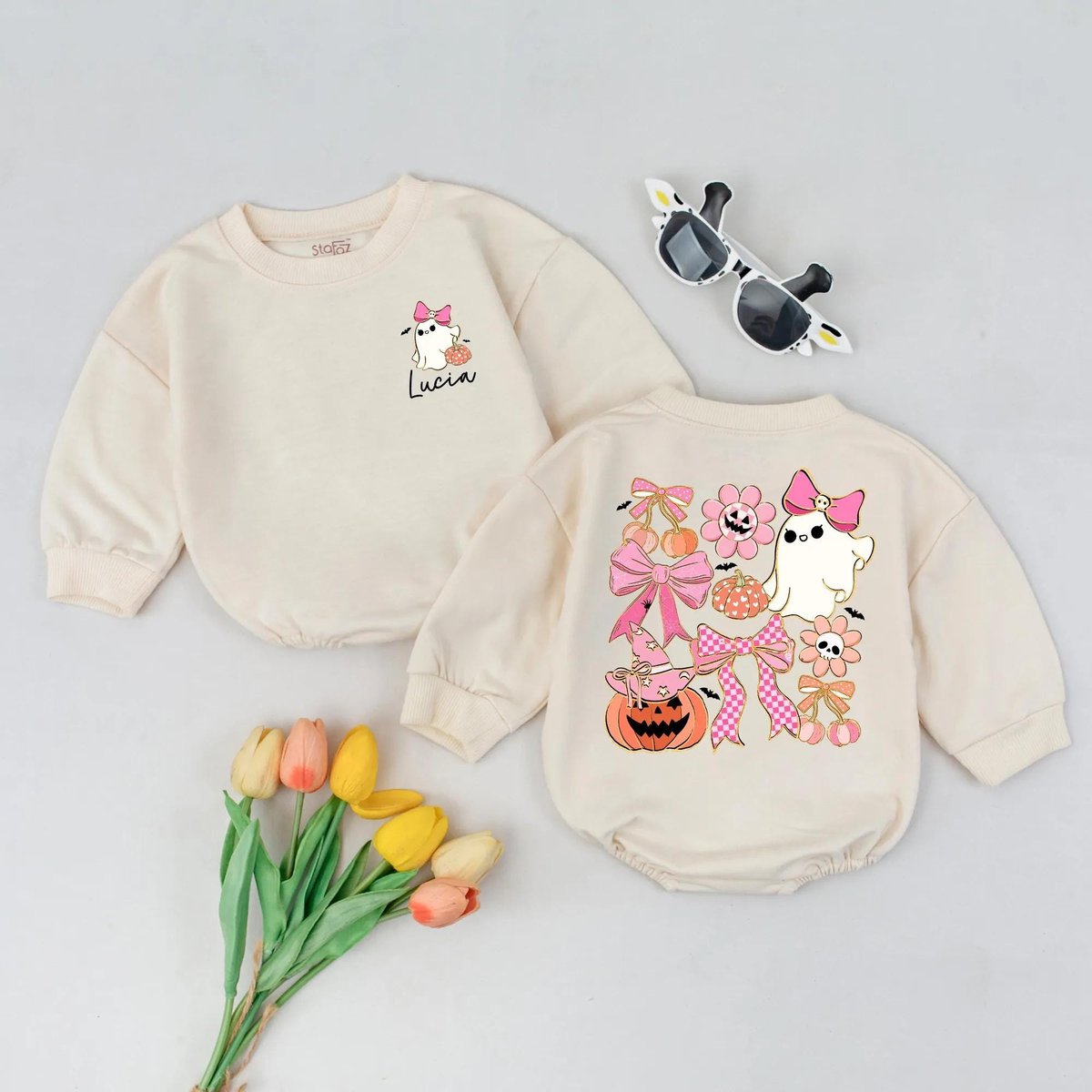 Personalized Pastel Halloween Baby Bubble Romper Cute Ghost Baby Girl Outfit Spooky Autumn Baby Clot 435