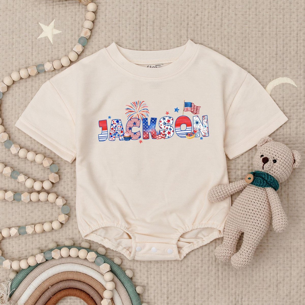 Personalized Patriotic Name Baby Romper July 4th Kids Custom Babysuit Independence Day USA Flag Baby