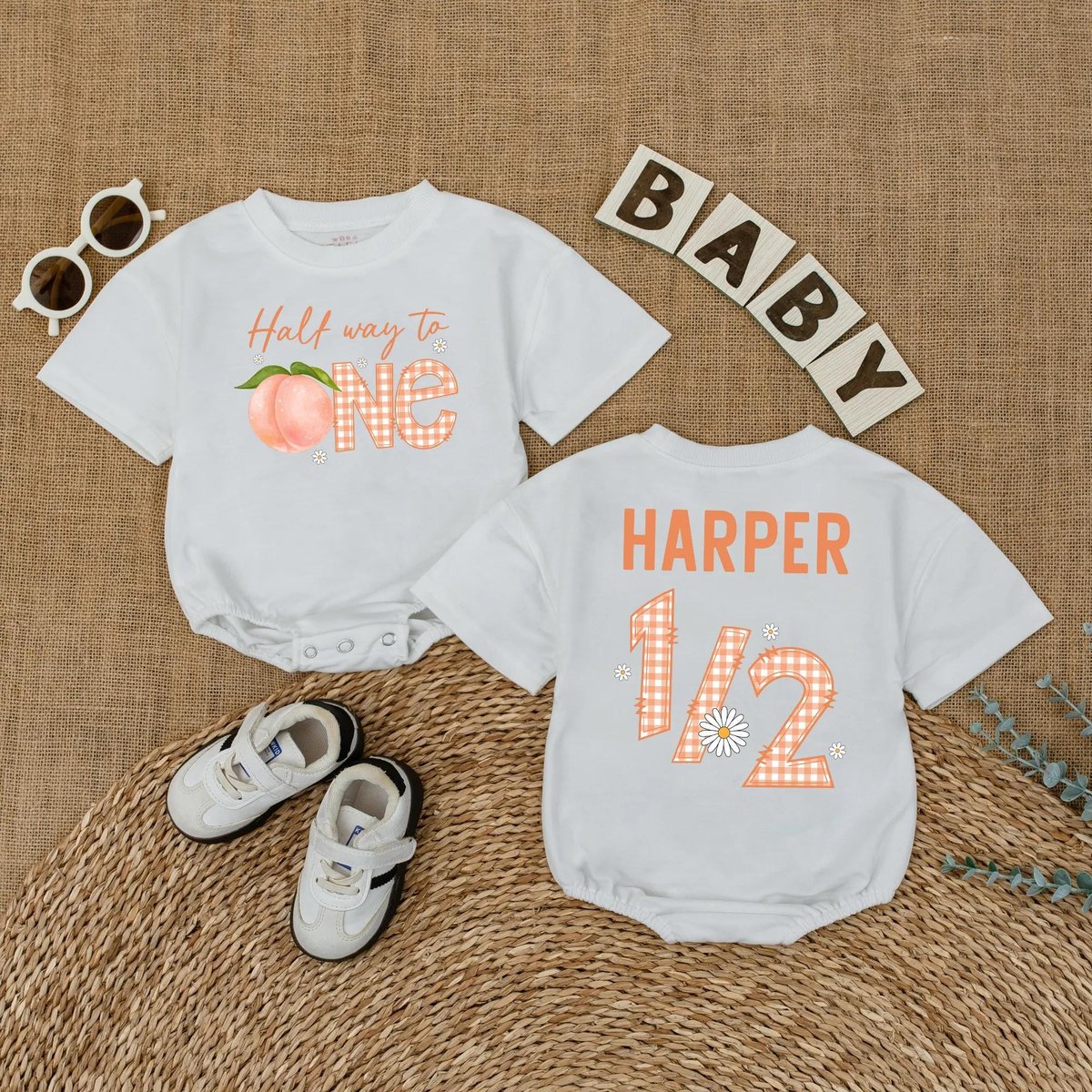 Personalized Peach Half Way To One Romper Half Birthday Girl Bodysuit Girl Half Birthday Party Cake 430