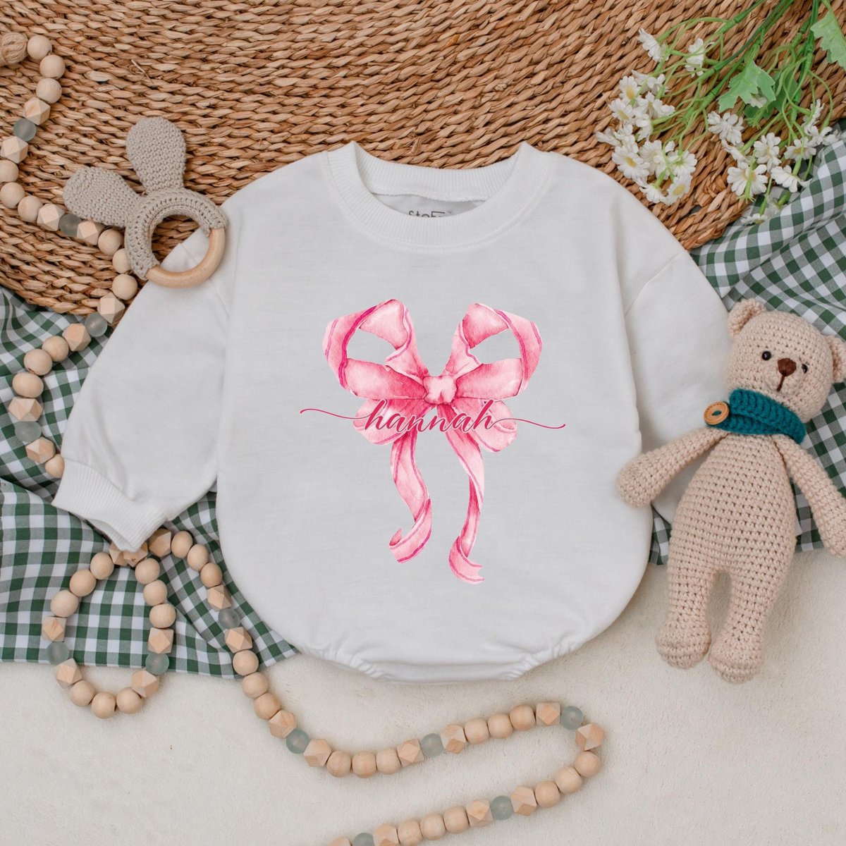 Personalized Pink Bow Baby Romper Cute Bow Pink Bodysuit Girls Birthday Bodysuit Cute Pink Ribbon Ba 184