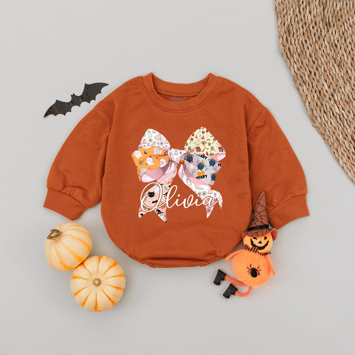 Personalized Pink Bow Baby Romper Sweater Custom Baby Name Halloween Romper Halloween Baby Romper Th