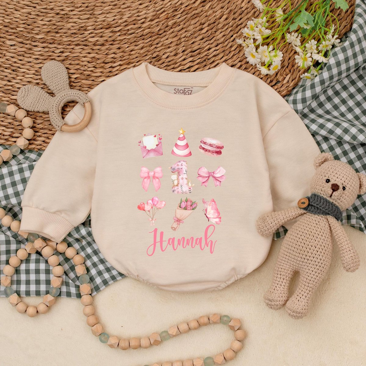 Personalized Pink Bow Birthday Romper Personalized Name 1st Birthday Bodysuit Girl Birthday Clothes 183