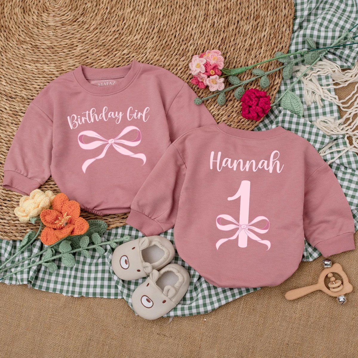 Personalized Pink Bow Birthday Girl Romper Bow 1st Birthday Bodysuit Baby Girl Clothes Newborn Bubbl 188