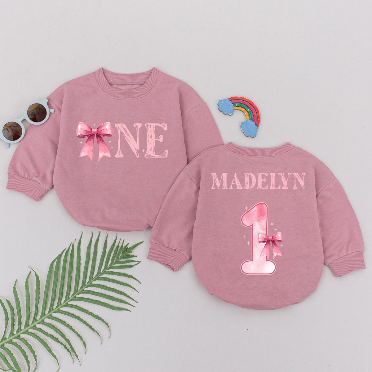 Personalized Pink Bow Birthday Romper First Birthday Girl Outfit 1st Birthday Theme Bodysuit One Yea