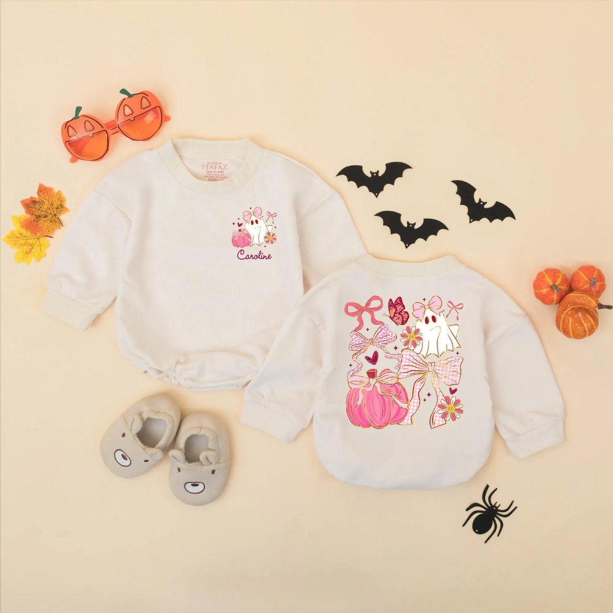 Personalized Pink Bow Ghost Baby Romper Cute First Halloween Baby Bodysuit Custom Name Baby Girl Hal 435