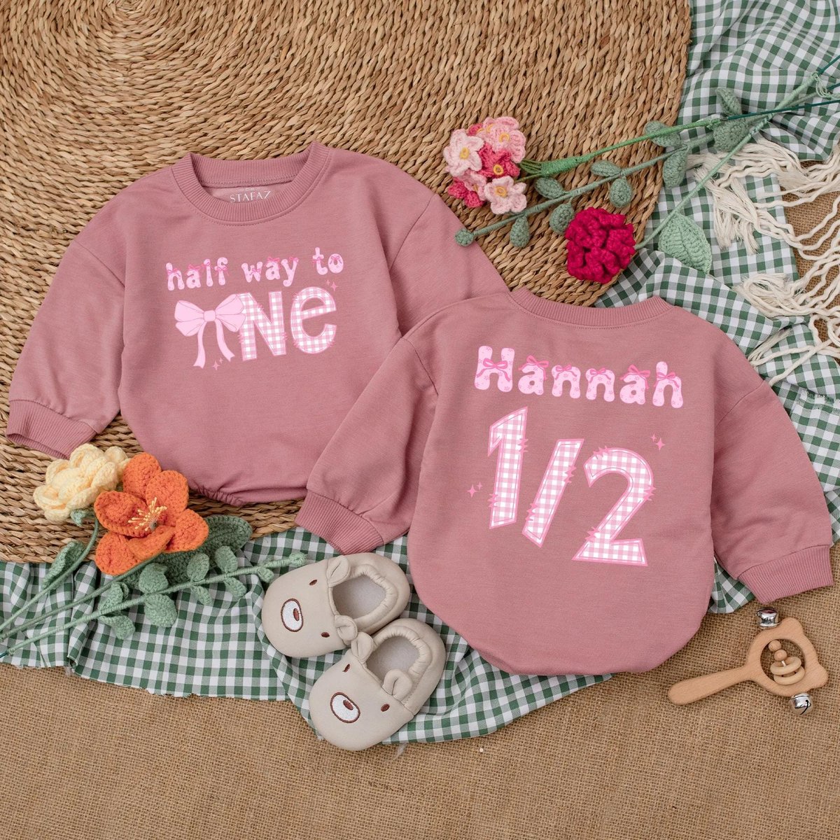 Personalized Pink Bow Half Way To One Romper Half Birthday Girl Bodysuit 12 Birthday Outfit 6 Months 189