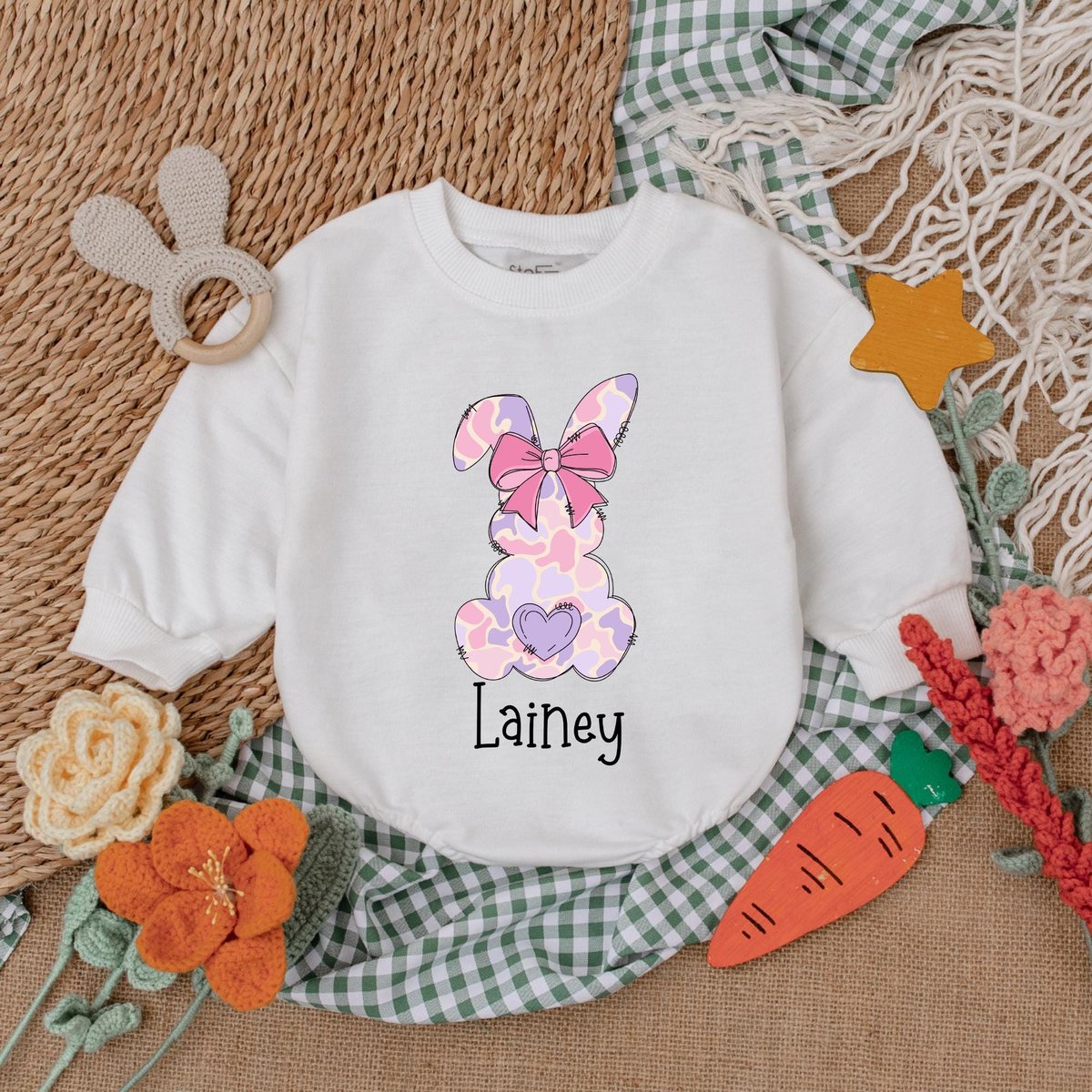 Personalized Pink Camo Easter Girls Romper Pink Bow Easter Bodysuit Bubble Romper for Baby Girl East 188