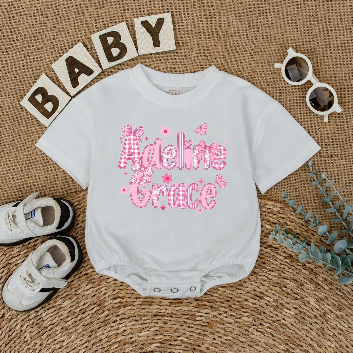 Personalized Pink Chinoiserie Floral Bubble Romper Custom Baby Girl Outfit with Name Cute Infant Tod 436