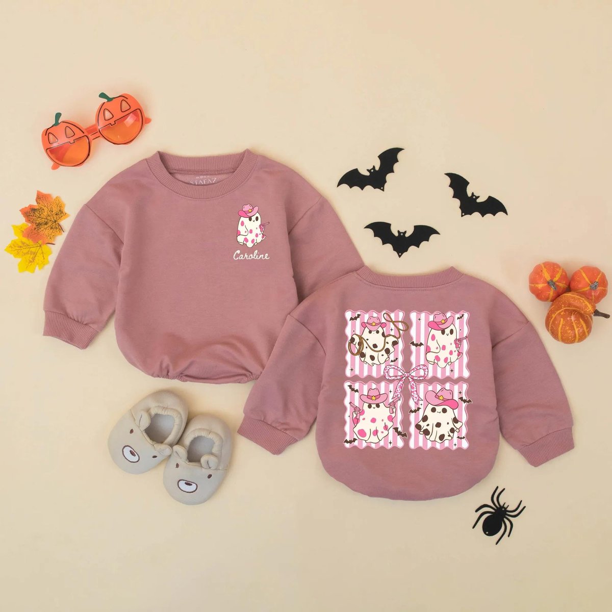 Personalized Pink Cowboy Ghost Baby Romper Custom Name Western Halloween Baby Bodysuit My First Hall 434
