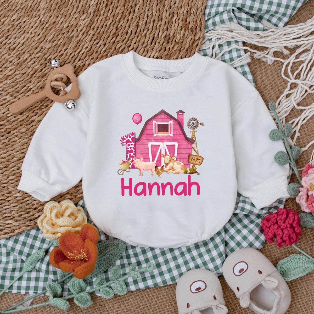 Personalized Pink Farm Birthday Romper Girl Farm Birthday Bodysuit Farm Animals Birthday Outfit Firs 184
