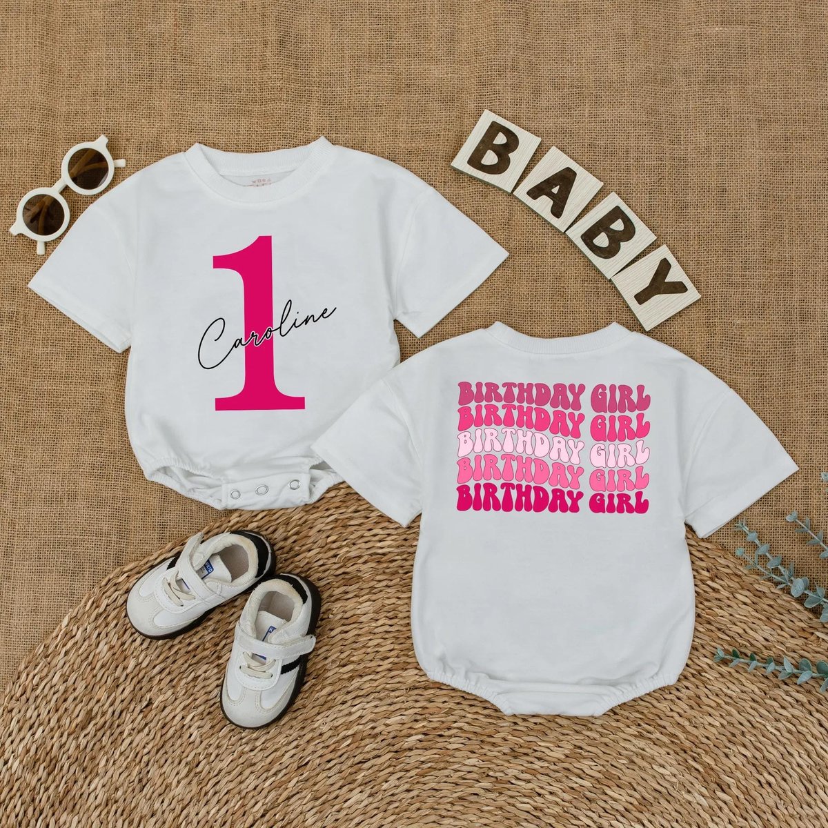 Personalized Pink First Birthday Romper for Baby Girl Custom Name 1st Birthday Girl Bodysuit Short S 434