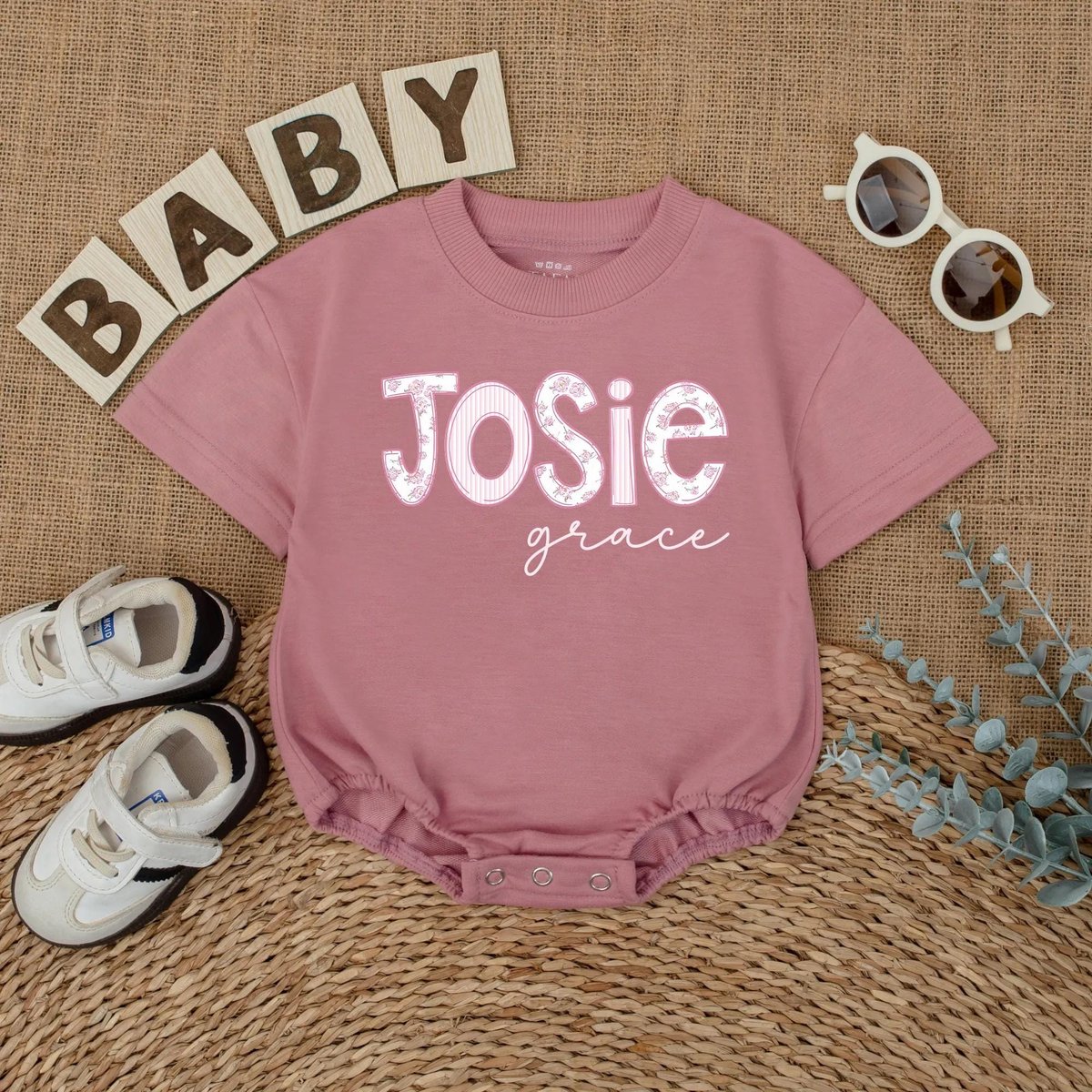 Personalized Pink Floral Baby Girl Romper Custom Name Wildflowers Baby Bodysuit Coming Home Outfit B 430