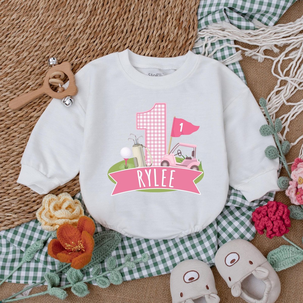 Personalized Pink Golf Hole in One Romper Golf Birthday Baby Bodysuit Girl First Birthday Outfit Bab 186