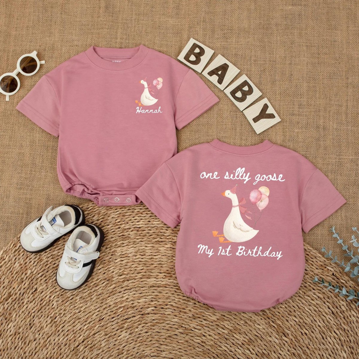 Personalized Pink Goose First Birthday Romper 1st Birthday Outfit for Baby Girl Funny Goose Themed P 432