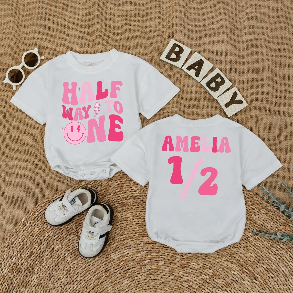 Personalized Pink Half Way to One Baby Romper Half Birthday Baby Girl Bodysuit 6 Months Milestone Ou 437