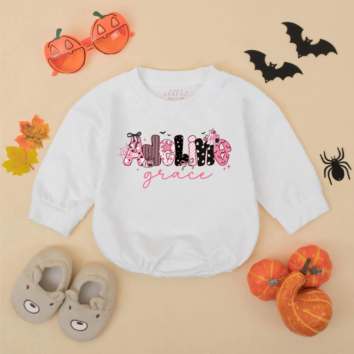 Personalized Pink Halloween Baby Bubble Romper First Halloween Baby Bodysuit Custom Ghost Toddler Sw 435