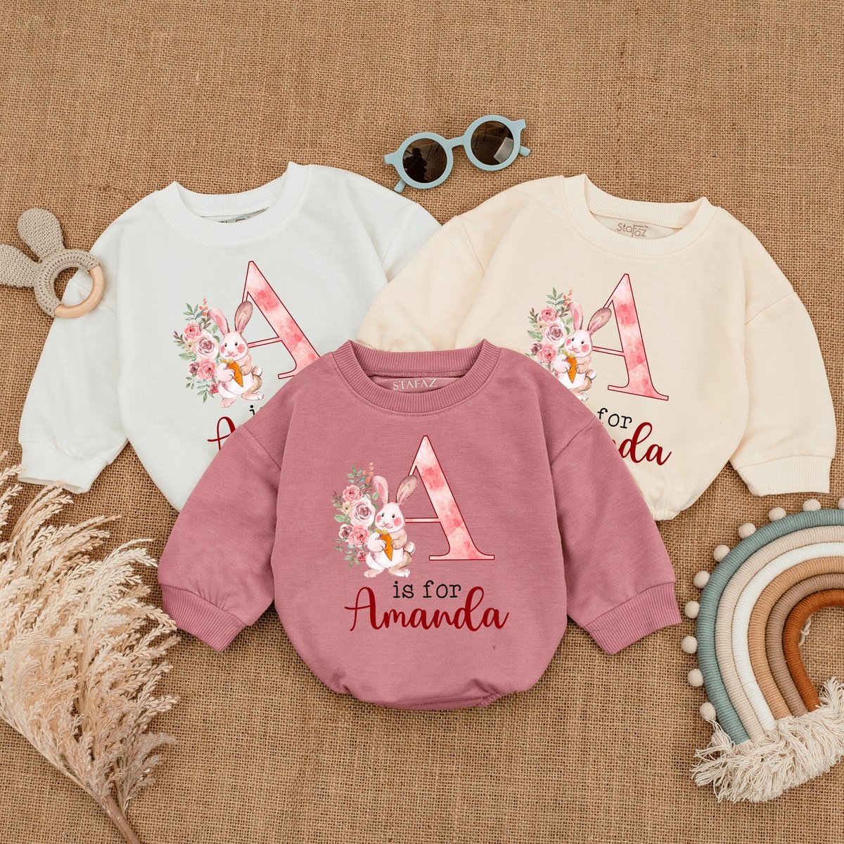 Personalized Pink Rabbit Baby Romper New Girl Gift Coming Home Gift New Baby Easter Baby Outfit Cust 166