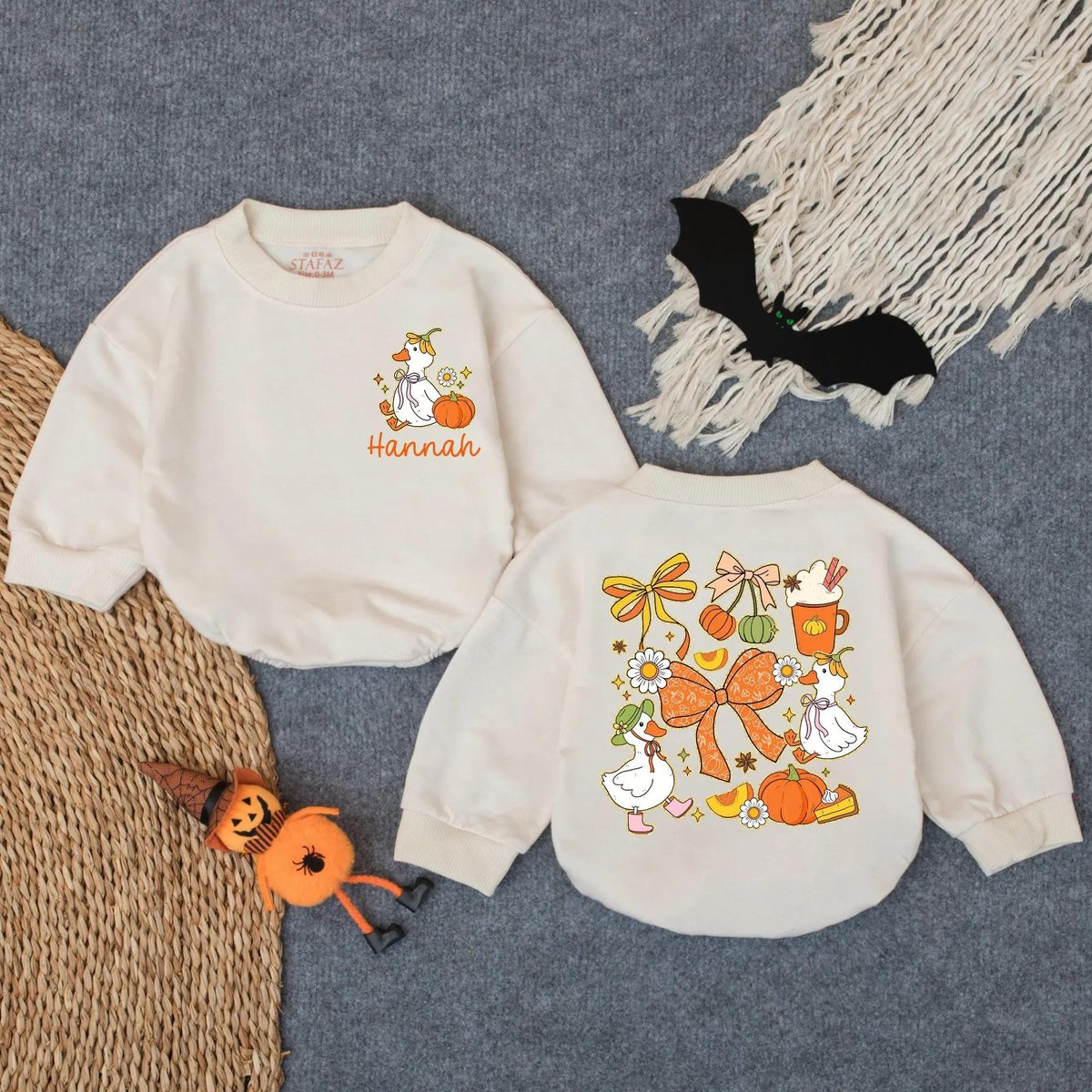Personalized Preppy Pumpkin Spooky Goose Bubble Romper Baby's First Thanksgiving Outfit Fall Baby G 433