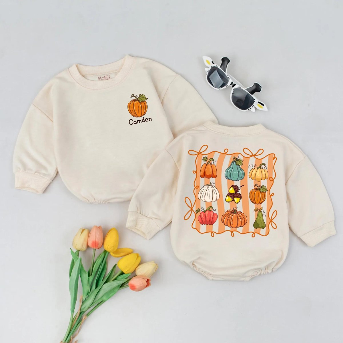 Personalized Pumpkin Bow T shirt Romper Custom Name Fall Outfit for Girls First Halloween or Thanksg 434