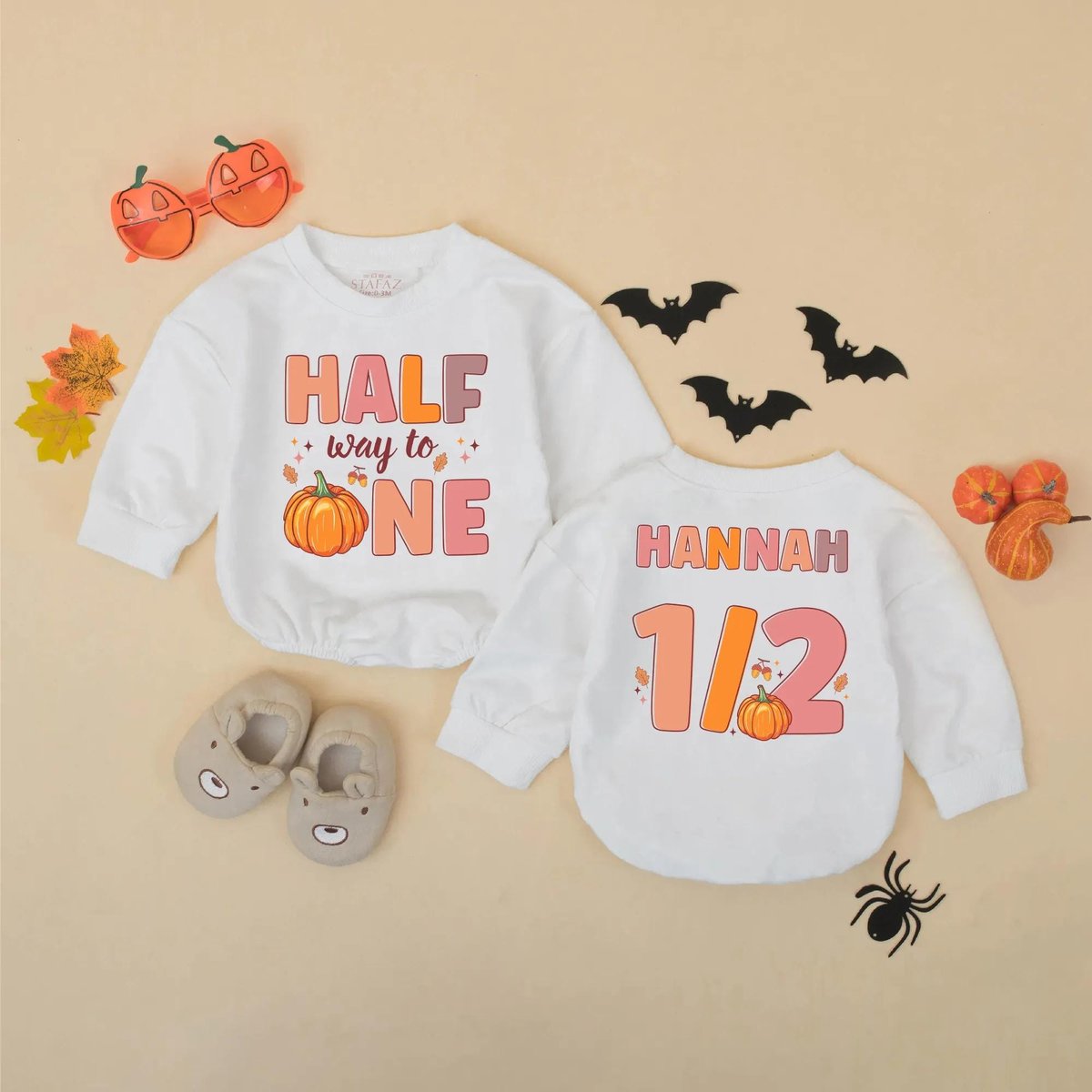 Personalized Pumpkin Half Way to One Bubble Romper Custom 6 Month Outfit Fall Half Birthday Clothes 436