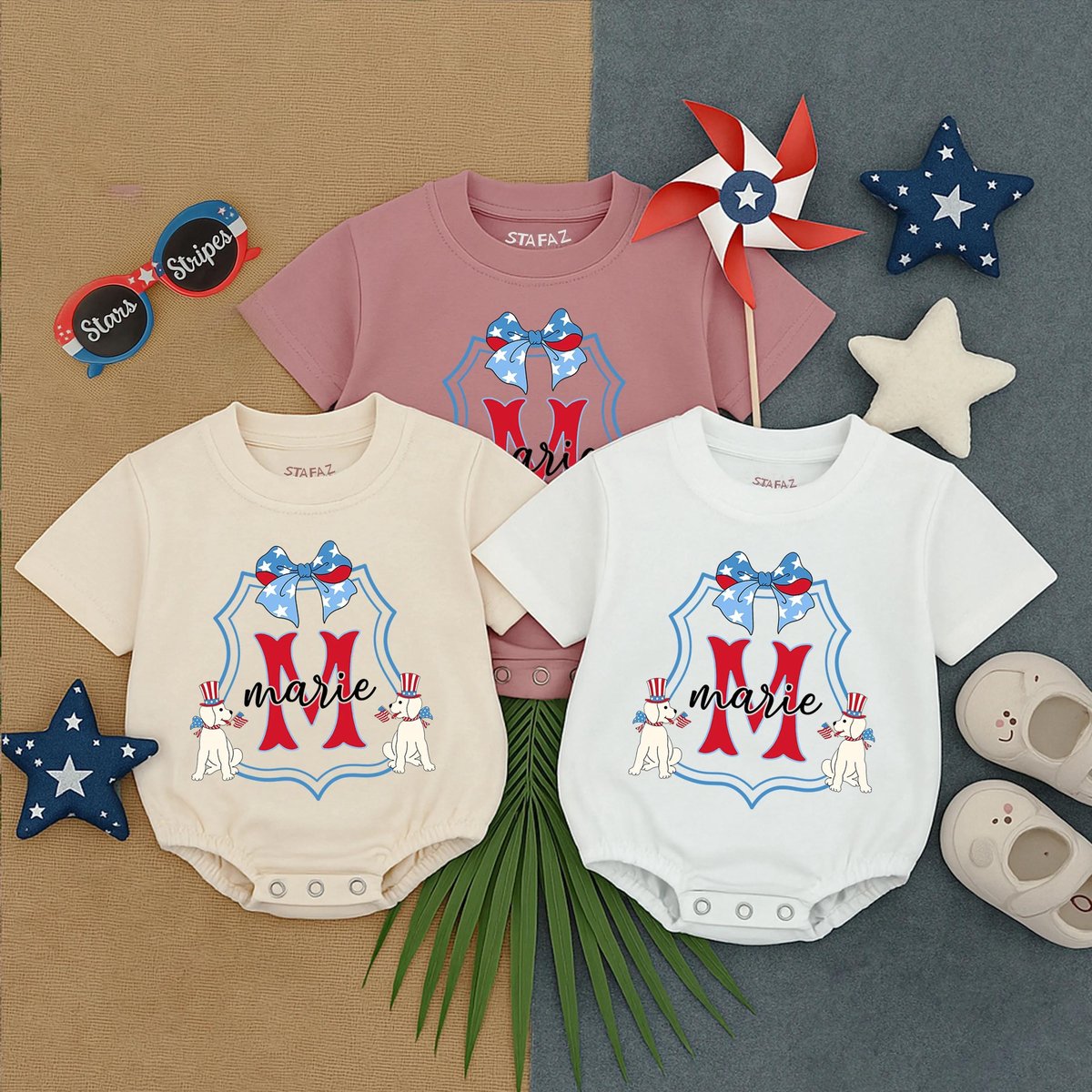 Personalized Puppy Girly Bow T Shirt Bubble Romper Girl 4th of July Outfit Cute Baby Independence Da 431