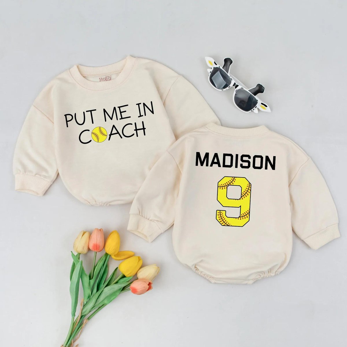 Personalized Put Me in Coach Romper Custom Name Number Sports Baby Outfit Softball Baby Shower Gift 434