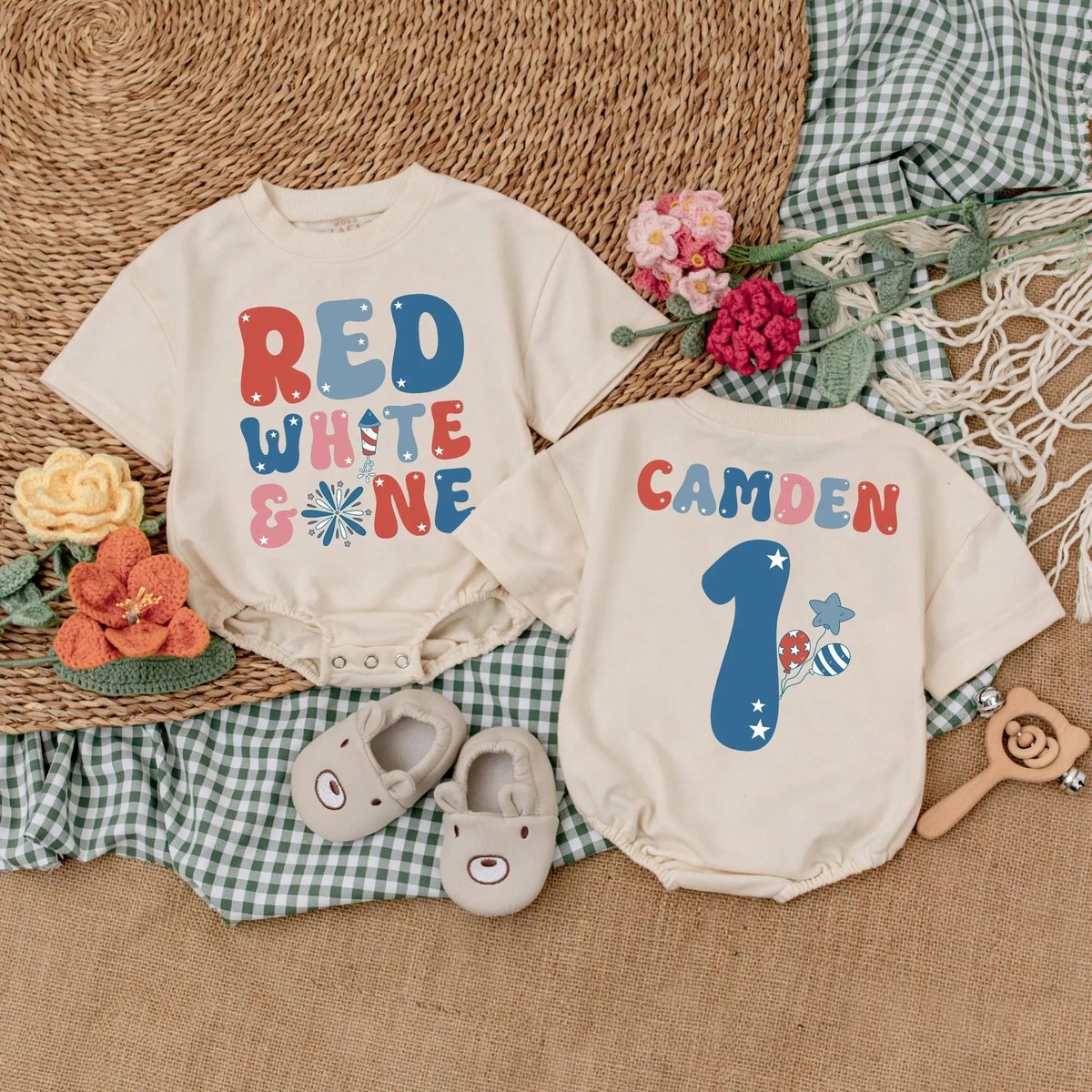 Personalized Red White and One Birthday Romper Patriotic Baby Bodysuit 4th of July Baby Outfit First 429