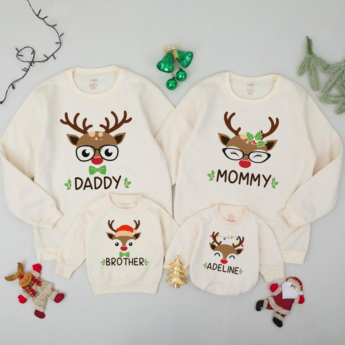 Personalized Reindeer Family Christmas Sweatshirts Matching Xmas Sweaters Custom Family Name Outfits 437