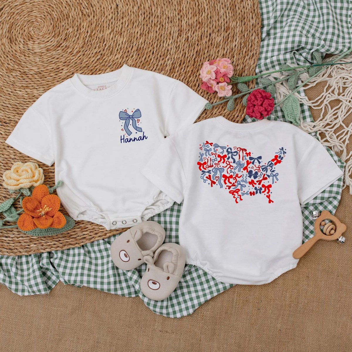 Personalized Retro America Bow Baby Romper 4th of July Baby Bodysuit Patriotic Bubble Romper for Gir 429
