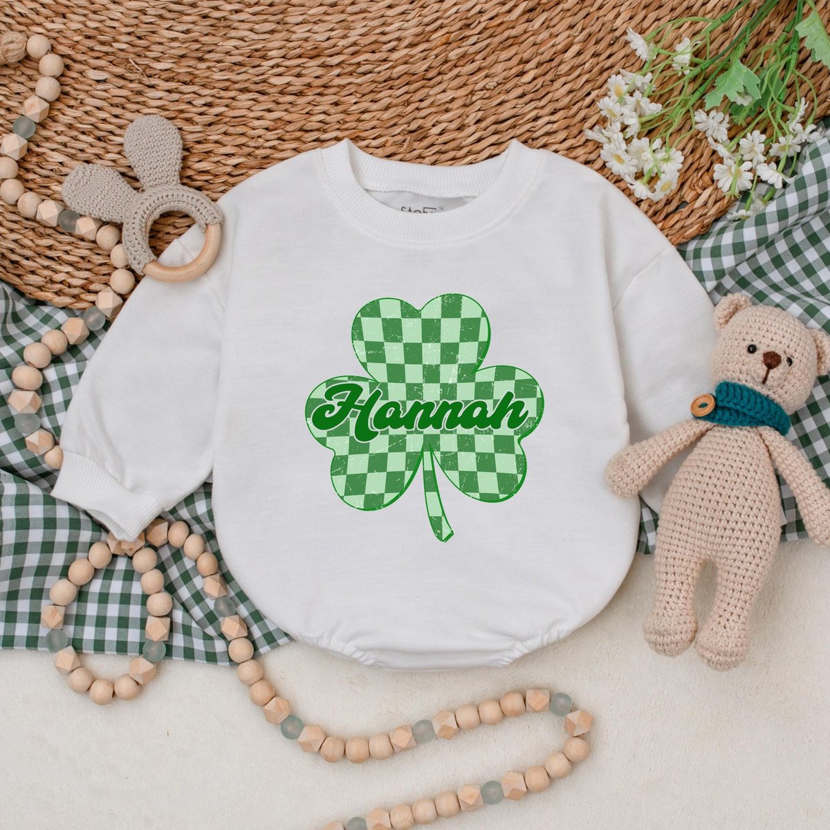 Personalized Retro Checkered Green Clover Baby Romper Custom St Patrick's Day Bodysuit Baby Patrick 186