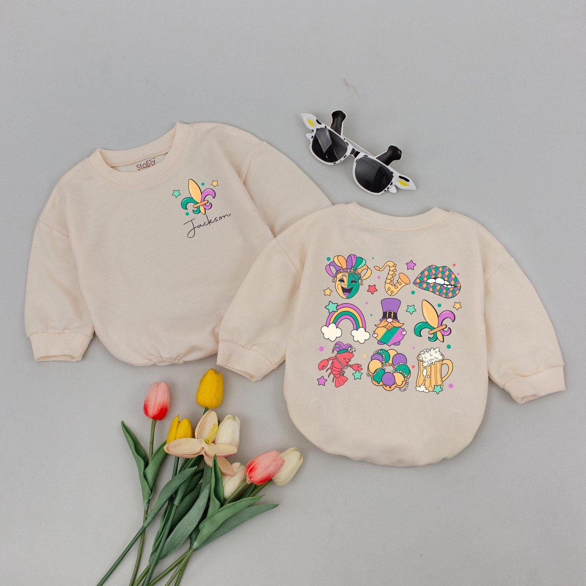 Personalized Retro Mardi Gras Baby Romper Baby Announcement Clothes Baby Carnival Outfit 1st Mardi G 184