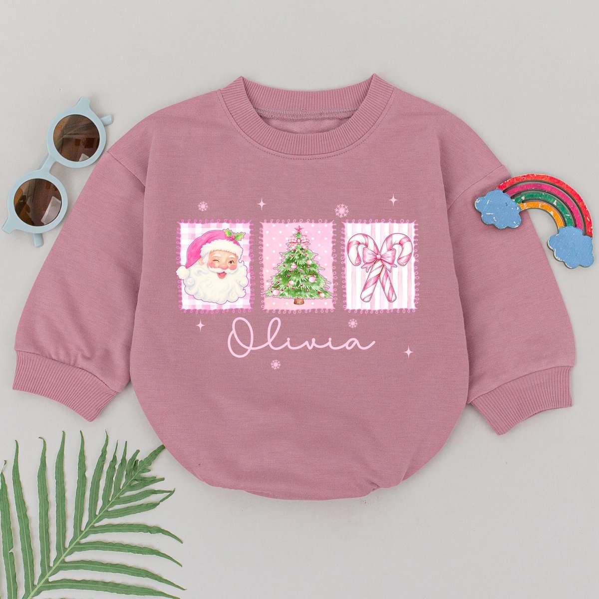 Personalized Retro Pink Christmas Romper Custom Name 1st Christmas Bodysuit Winter Baby Outfit Xmas