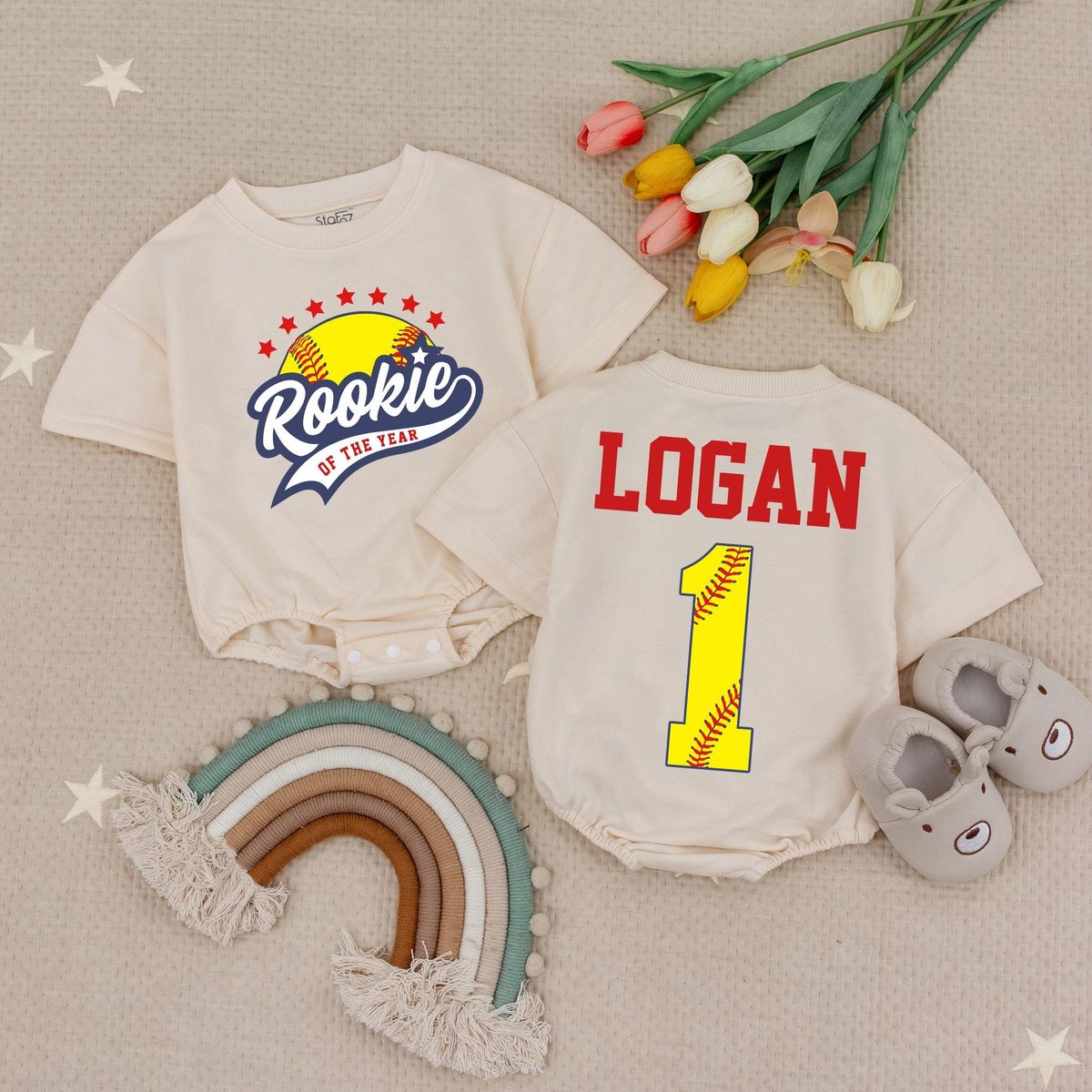 Personalized Rookie Of The Year Baby Softball Bubble Romper Custom Softball Kids Shirt 1st Birthday