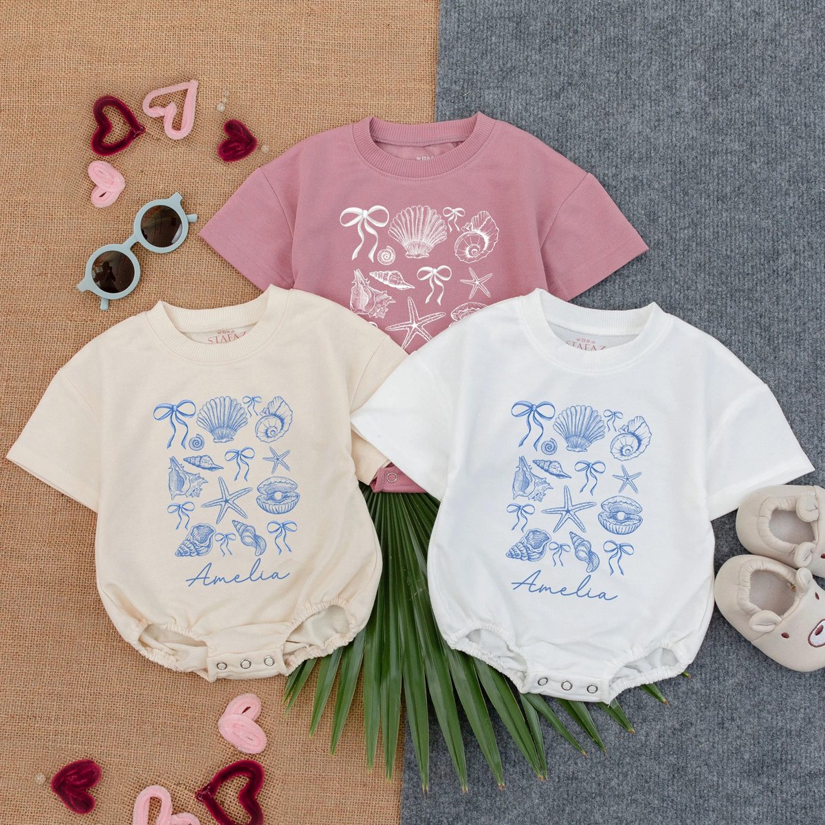 Personalized Seashell Baby Bubble Romper Short Sleeve Romper Ocean Kid Bodysuit Summer Outfit With S 430