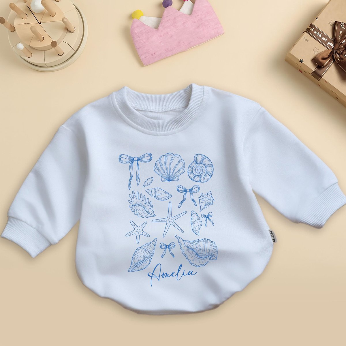 Personalized Seashell Baby Bubble RomperOcean Kid Bodysuit Summer Outfit With Shell Beach Vacation B 435